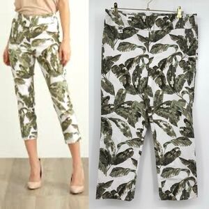Joseph Ribkoff Tropical Palm Leaf Print Capri Pants Women 18 White Green Resort